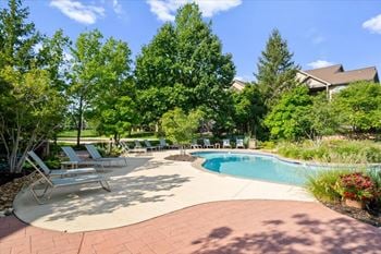 Pool surrounded by trees and seating around it